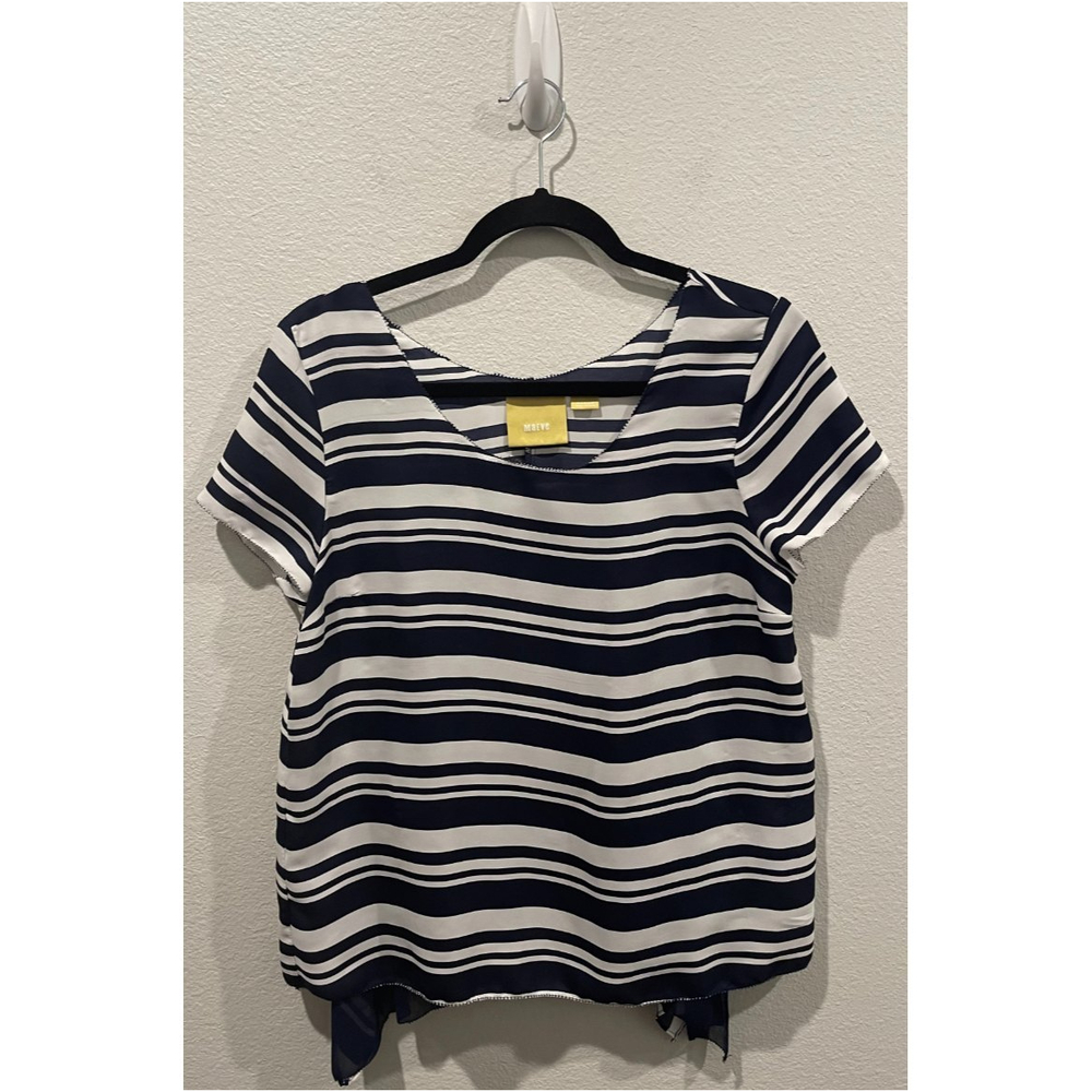 MAEVE Blue White Striped Short Sleeve Sheer Back Blouse Top